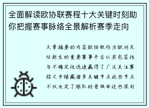 全面解读欧协联赛程十大关键时刻助你把握赛事脉络全景解析赛季走向