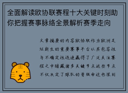 全面解读欧协联赛程十大关键时刻助你把握赛事脉络全景解析赛季走向
