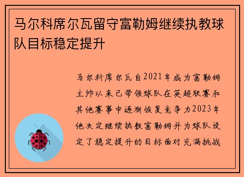 马尔科席尔瓦留守富勒姆继续执教球队目标稳定提升 马尔科席尔瓦留守富勒姆继续执教球队目标稳定提升