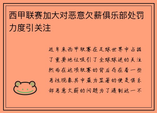 西甲联赛加大对恶意欠薪俱乐部处罚力度引关注 西甲联赛加大对恶意欠薪俱乐部处罚力度引关注