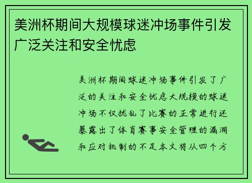 美洲杯期间大规模球迷冲场事件引发广泛关注和安全忧虑