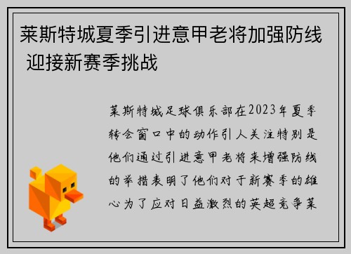 莱斯特城夏季引进意甲老将加强防线 迎接新赛季挑战
