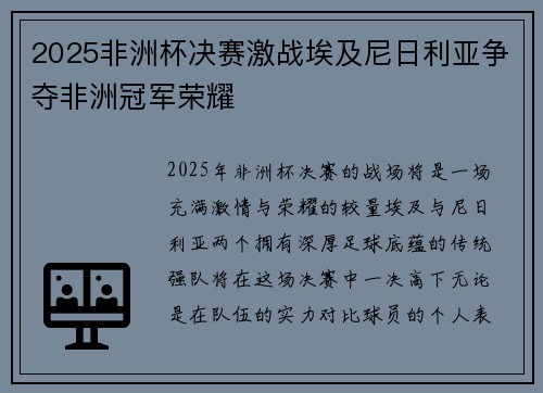 2025非洲杯决赛激战埃及尼日利亚争夺非洲冠军荣耀